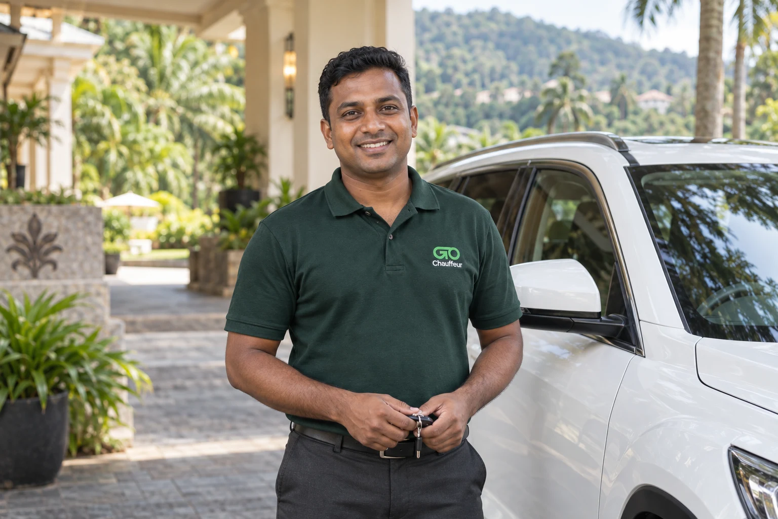 A Sri Lankan chauffeur in a GoChauffeur polo welcoming travellers beside a car